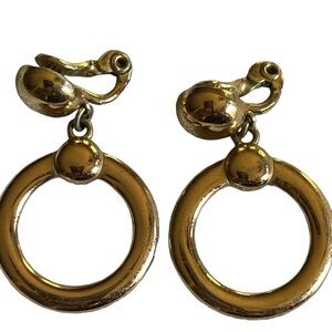 Vintage Gold Tone Hoop Clip-On Earrings Retro Statement Dangle Earrings